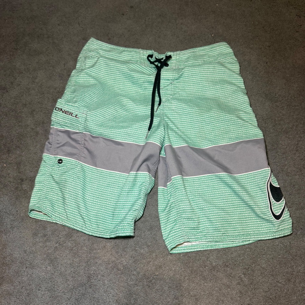 ONeill Mens Board Shorts Green White Striped Swim Trunks Size 31 Cargo‎ Pocket